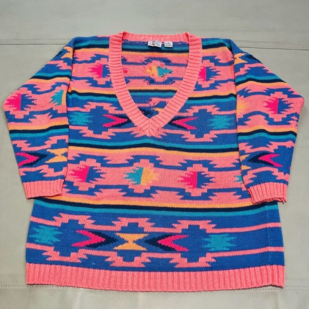 VTG 90s V-Neck Sweater‎ S Knit Colorful Sweater Crazy Funky Tribal Women-3795